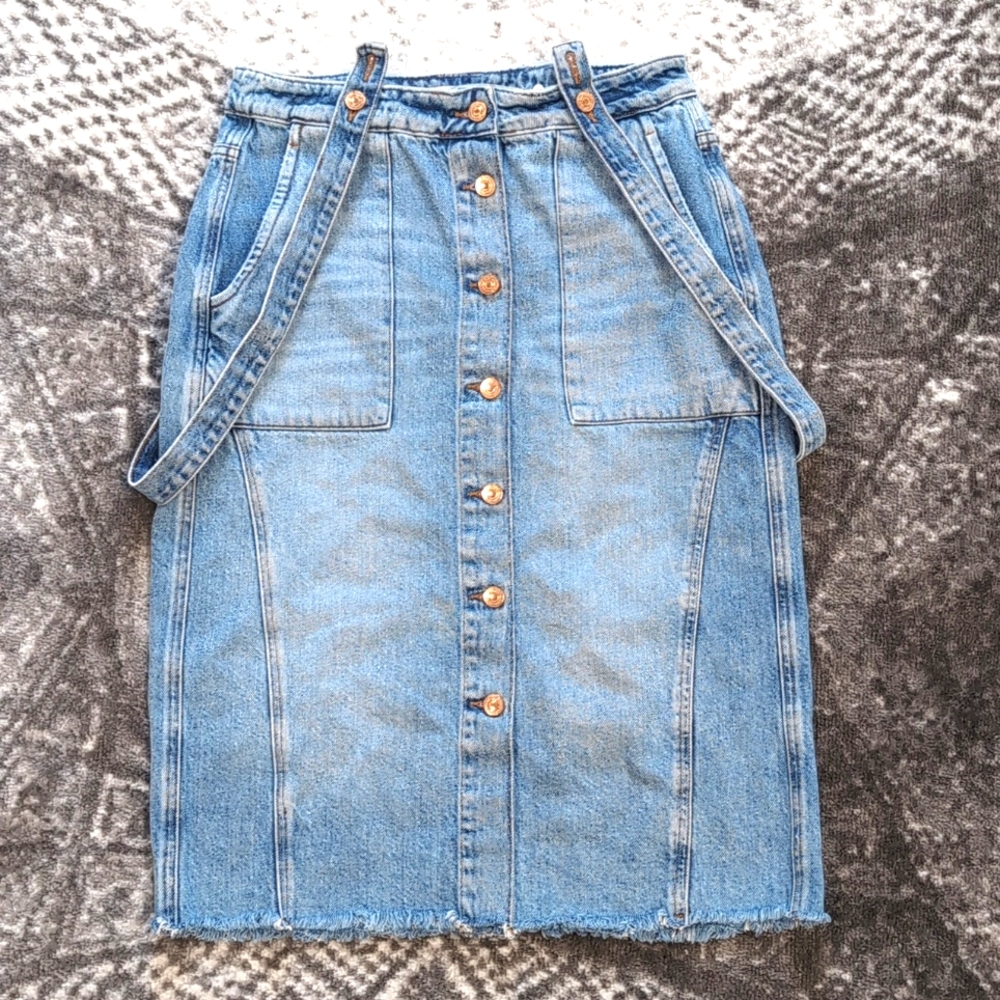 Zara Denim Midi Skirt with Suspenders